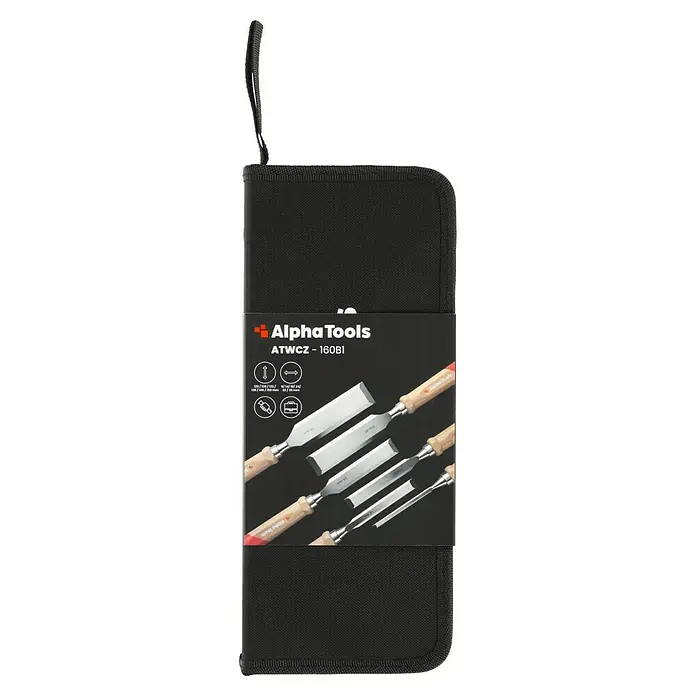 Alpha Tools Stechbeitel-Set - 6 -tlg. - Ein Set von Alpha Tools Holzbeiteln (ATWCZ-160B1) in einer schwarzen Aufbewahrungstasche. Ideal für Holzarbeiten und Heimwerkerprojekte.