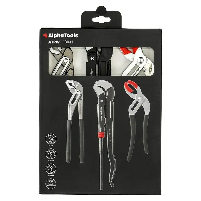 Alpha Tools Zangen-Set - 3 -tlg., 1 x Wasserpumpenzange, 1 x Verstellbare Armaturenzange, 1 x Rohrzange - Die Alpha Tools ATPW-130A1 Zangenset-Verpackung zeigt drei verschiedene Zangen: Wasserpumpenzange, Rohrzange und Bolzenschneider.