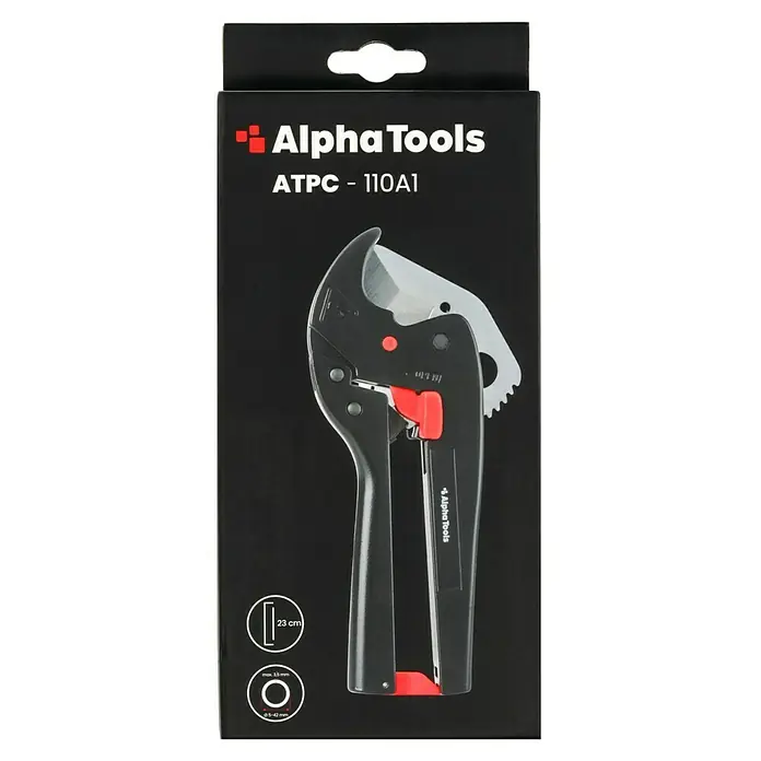 Alpha Tools Rohrabschneider - Durchmesser Rohr: 3 mm - 42 mm - Abgebildet ist eine Verpackung der Alpha Tools ATPC-110A1 Rohrabschneider. Auf der schwarzen Verpackung ist das Werkzeug abgebildet.