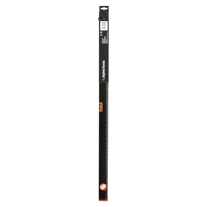 Alpha Tools Wasserwaagen-Set - 3 Stk. - Das Bild zeigt eine Alpha Tools Wasserwaage mit einer Skala und einer roten Libelle, die für präzise Messungen beim Heimwerken verwendet wird.