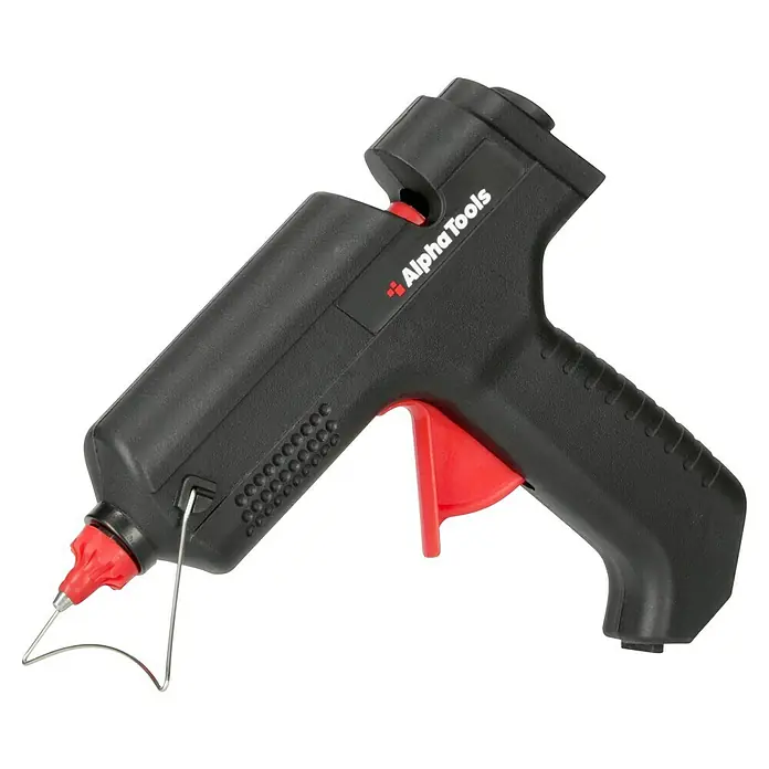 Alpha Tools Pistola termoencoladora ATGGN - 500 W, Diámetro cartucho de cola: 11 mm - 12 mm - Imagen de una pistola de pegamento caliente AlphaTools en negro con gatillo rojo, ideal para manualidades y reparaciones, con soporte metálico.