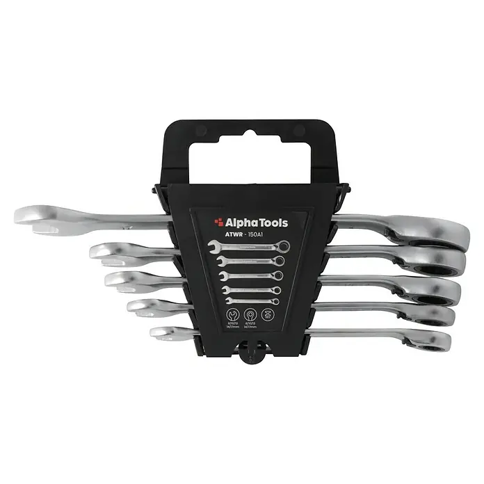 Alpha Tools Ringmaulratschenschlüssel-Satz - 5 -tlg. - Ein Alpha Tools Ratschenschlüssel-Set ATWR-150A1 mit Maul- und Ringratschenschlüsseln für diverse Schraubarbeiten in Werkstatt und Hobby.