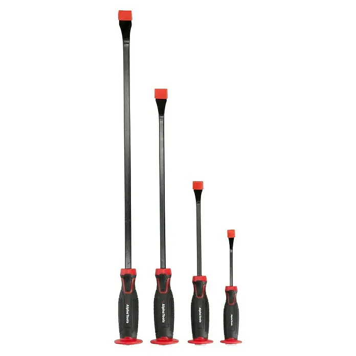 Alpha Tools Stechbeitel-Set - 4 -tlg. - Bild von vier Alpha Tools Stemmschraubendrehern in verschiedenen Größen, mit roten Schlagkappen und schwarzen Griffen.