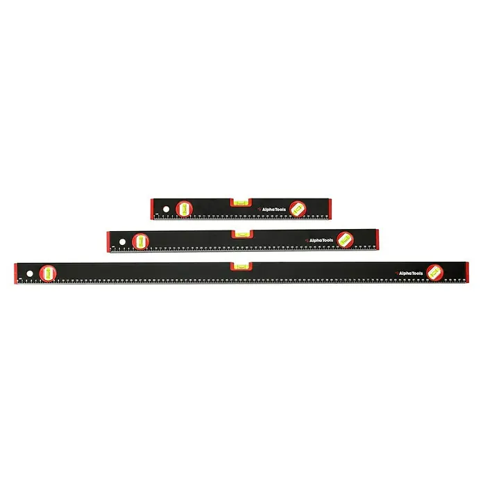 Alpha Tools Wasserwaagen-Set - 3 Stk. - Drei Alpha Tools Wasserwaagen unterschiedlicher Länge für präzise Messungen und Ausrichtungen im Bau- und Heimwerkerbereich.