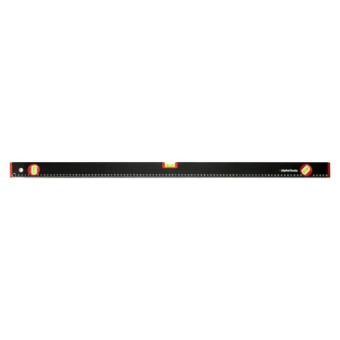 Alpha Tools Wasserwaagen-Set - 3 Stk. - Eine schwarze Wasserwaage mit roten Akzenten und einer Skala zur präzisen Messung von Oberflächen.