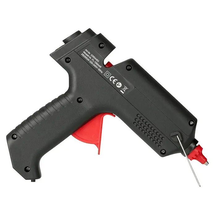 Alpha Tools Heißklebepistole - 500 W, Durchmesser Klebepatrone: 11 mm - 12 mm - Abbildung einer schwarzen Heißklebepistole mit rotem Abzug und einer Metallspitze, die für präzises Kleben sorgt. Ideal für Bastelarbeiten und Reparaturen.