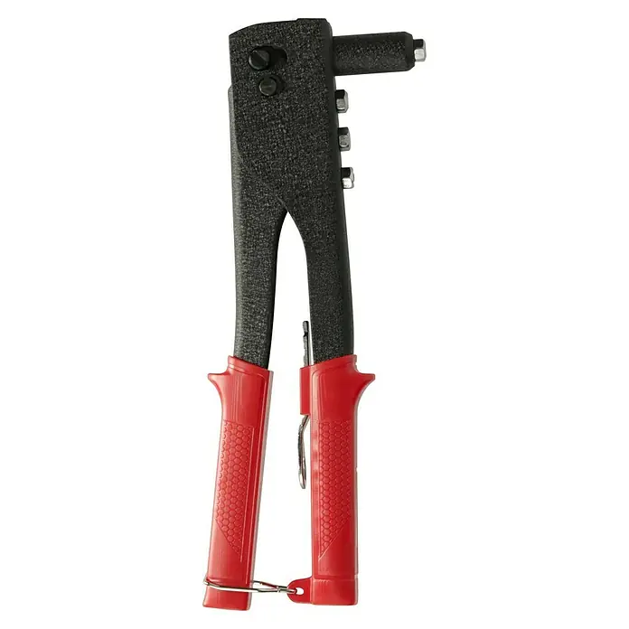Alpha Tools Set de remachadora - 4 pzs. - Primer plano de una remachadora con cabezal negro y mangos rojos. Ideal para aficionados al bricolaje y profesionales.