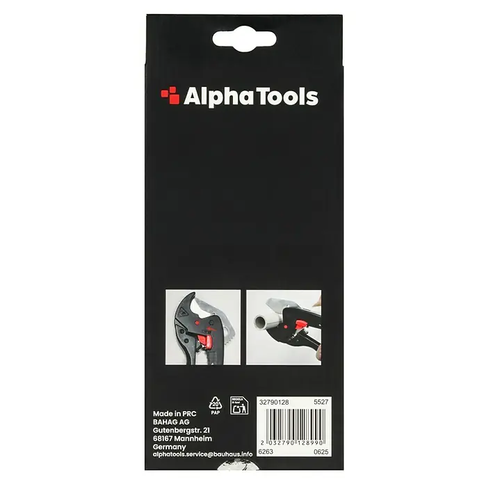 Alpha Tools Rohrabschneider - Durchmesser Rohr: 3 mm - 42 mm - Produktverpackung von Alpha Tools mit Abbildungen einer Rohrzange, Recyclinghinweisen und Barcode.