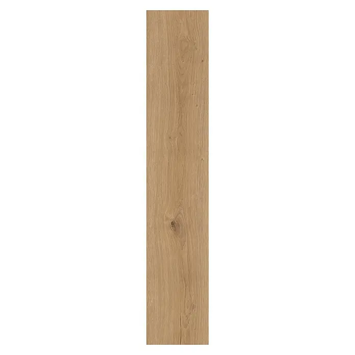 Parador Vinylbodenmuster Basic 30 Eiche Cambridge natur Gebürstete Struktur - 200 x 216 x 9,4 mm, Landhausdiele - Detailaufnahme einer einzelnen Parkettdiele in warmen Farbtönen mit natürlicher Holzmaserung und Astlöchern.