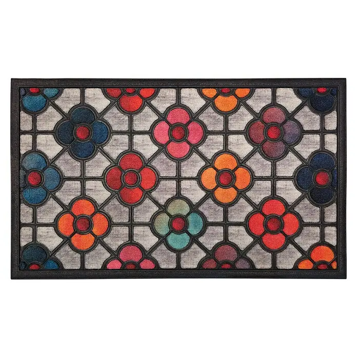 Estera atrapapolvo Fiore - Multicolor, 75 x 45 cm - Felpudo decorativo con un colorido patrón de flores sobre un fondo gris, enmarcado en negro.