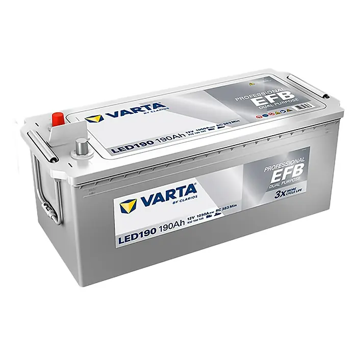 Varta Bootsbatterie Professional EFB LED190 - Kapazität: 190 Ah, 12 V - Das Bild zeigt eine VARTA Professional EFB Dual Purpose Batterie LED190 190Ah, ideal für Nutzfahrzeuge und anspruchsvolle Anwendungen.