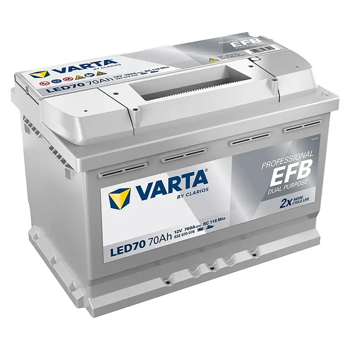 Varta Bootsbatterie Professional EFB LED70 - Kapazität: 70 Ah, 12 V - Abbildung einer Varta Professional EFB Dual Purpose Batterie, LED70 70Ah, mit hoher Zyklenlebensdauer und zuverlässiger Leistung.