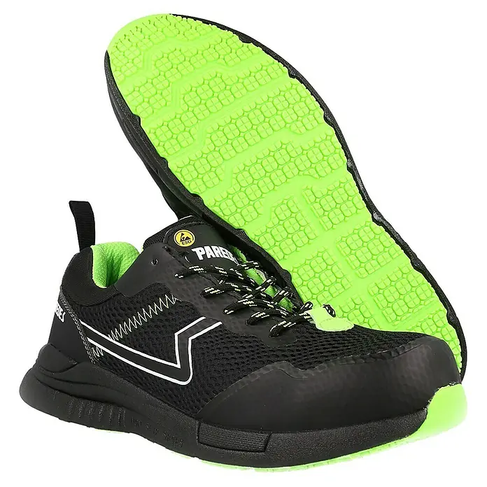 Paredes Zapato bajo de seguridad Galena - 46, Clase de protección según EN ISO 20345: S1P, Negro/Verde - Zapato de seguridad negro con suela verde lima. El zapato es transpirable, cómodo y con buena amortiguación para usar todo el día.