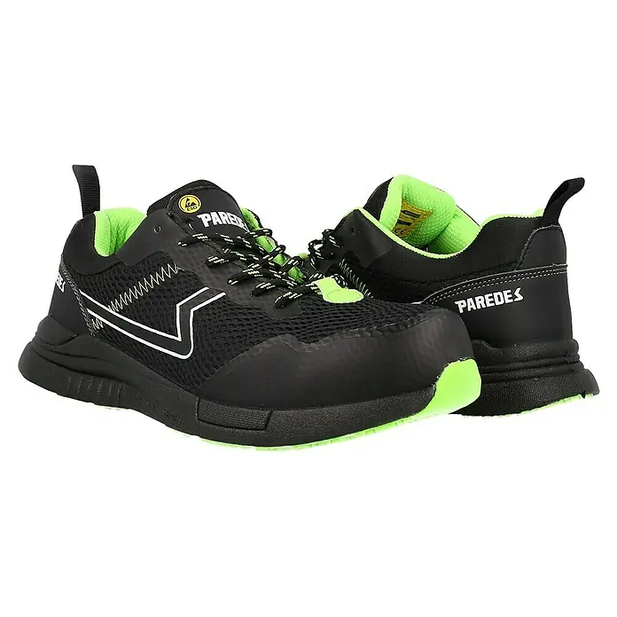 Paredes Zapato bajo de seguridad Galena - 46, Clase de protección según EN ISO 20345: S1P, Negro/Verde - En la imagen hay zapatos de seguridad de la marca Paredes en negro con detalles en verde. Los zapatos están diseñados para uso profesional.