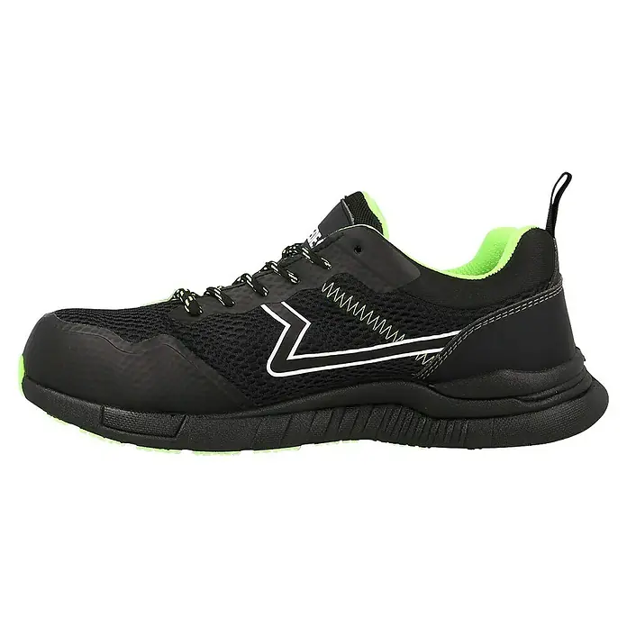 Paredes Zapato bajo de seguridad Galena - 46, Clase de protección según EN ISO 20345: S1P, Negro/Verde - Primer plano de un zapato de seguridad negro con forro verde y detalles blancos, que ofrece protección y comodidad.
