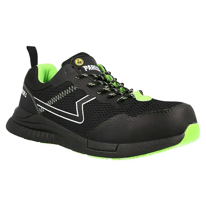 Paredes Zapato bajo de seguridad Galena - 46, Clase de protección según EN ISO 20345: S1P, Negro/Verde - Aquí tienes un zapato de seguridad negro con detalles en verde. El zapato está diseñado para uso profesional.
