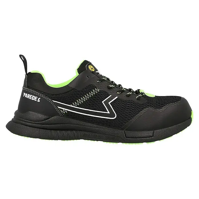 Paredes Zapato bajo de seguridad Galena - 46, Clase de protección según EN ISO 20345: S1P, Negro/Verde - Zapato de seguridad negro de Paredes con detalles verdes, ideal para el entorno laboral. Calzado cómodo y protector.