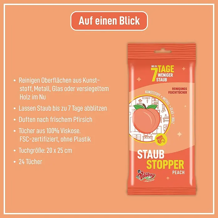Poliboy Feuchttücher Staubstopper - 24 -tlg. - Abbildung eines Poliboy Staub Stopper Pfirsich-Reinigungstuchpakets mit Informationen zu Vorteilen und Eigenschaften.