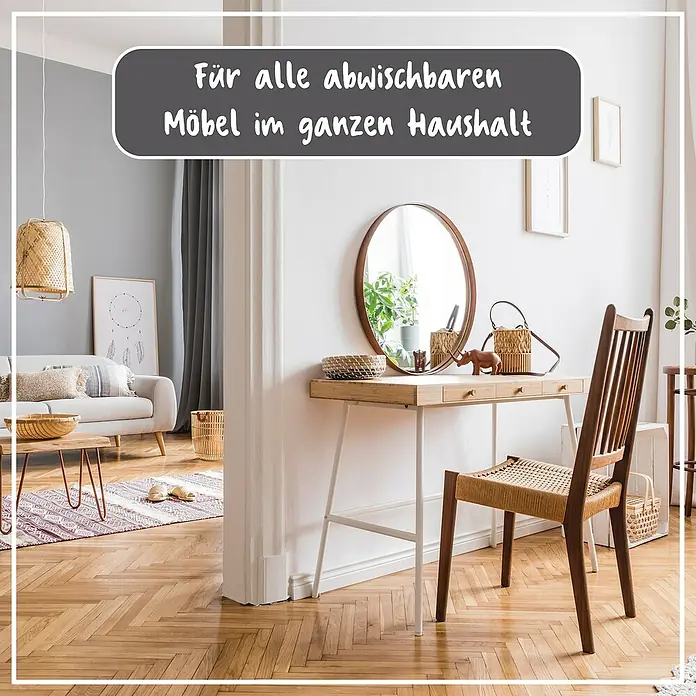 Poliboy Pflege- & Poliertuch - 2 Stk. - Ein elegantes Interieur mit Spiegelkommode und Sitzmöbeln, betont die Vielseitigkeit abwischbarer Möbel im ganzen Haushalt.