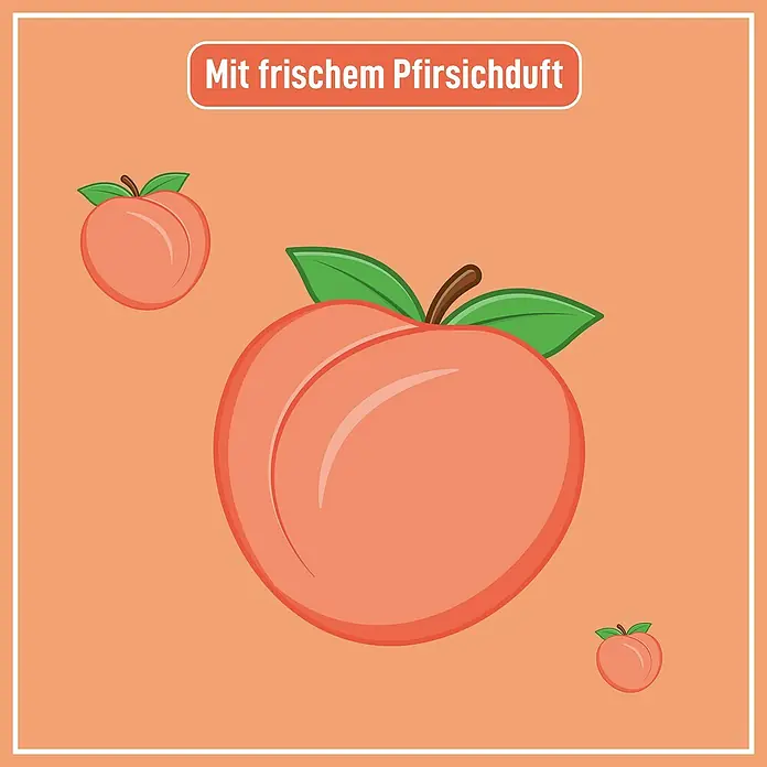 Poliboy Feuchttücher Staubstopper - 24 -tlg. - Abbildung mit Pfirsichen und dem Text "Mit frischem Pfirsichduft" auf einem orangefarbenen Hintergrund.