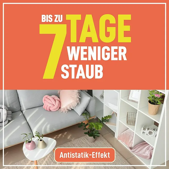 Poliboy Feuchttücher Staubstopper - 24 -tlg. - Bild mit dem Text "Bis zu 7 Tage weniger Staub" und einem Hinweis auf den "Antistatik-Effekt" im modernen Wohnbereich.