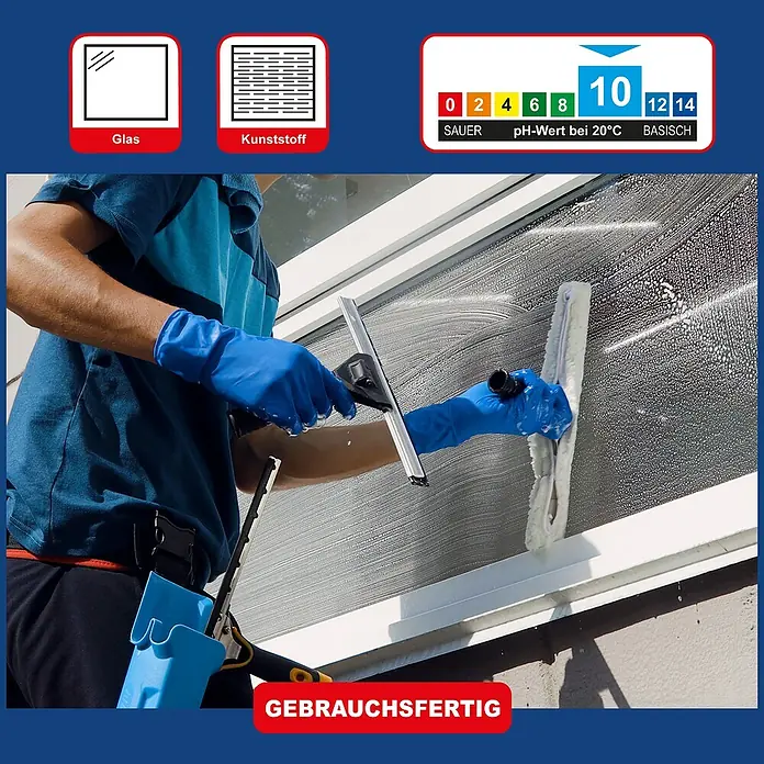 Poliboy Reinigungsmittel Putzboy Fenster- & Rahmenreiniger - Sprühflasche, 500 ml - Fensterreiniger in Aktion mit Hinweisen zu Glas, Kunststoff und pH-Wert.