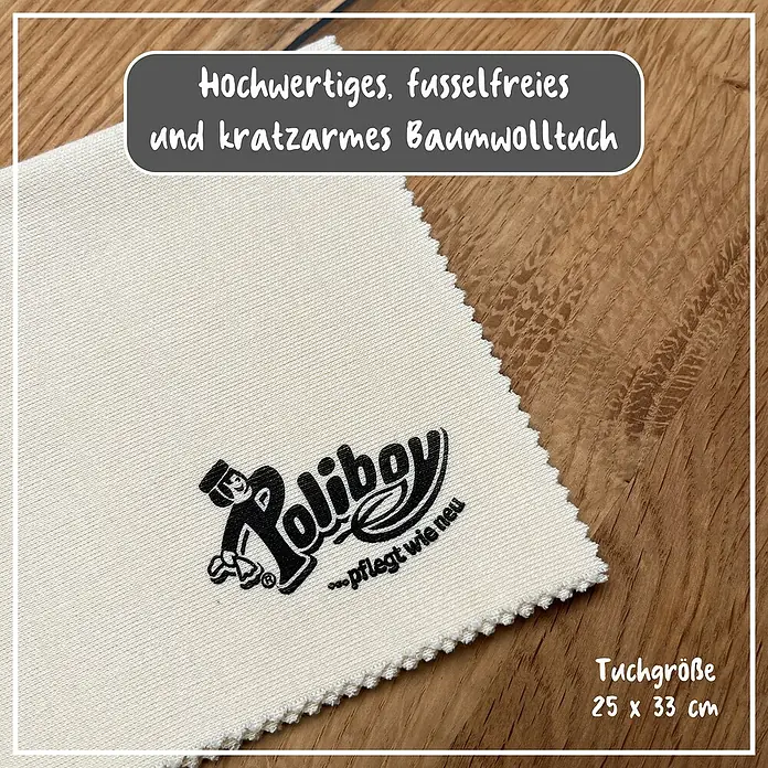 Poliboy Pflege- & Poliertuch - 2 Stk. - Hochwertiges Poliboy Baumwolltuch, fusselfrei und kratzarm, in der Größe 25 x 33 cm, ideal für die Pflege empfindlicher Oberflächen.