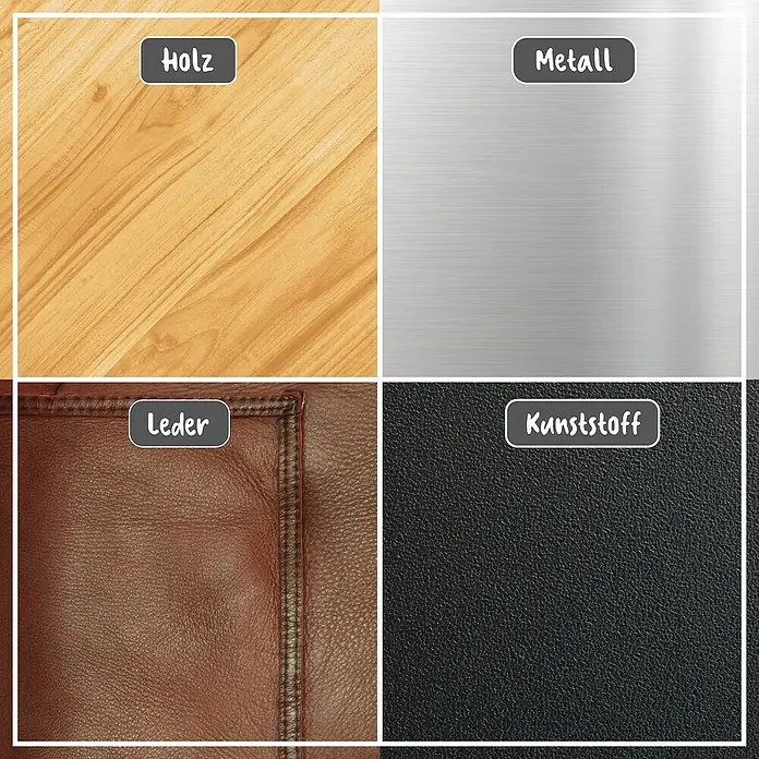 Poliboy Pflege- & Poliertuch - 2 Stk. - Materialien im Überblick: Holz, Metall, Leder und Kunststoff in einer Collage dargestellt.\n