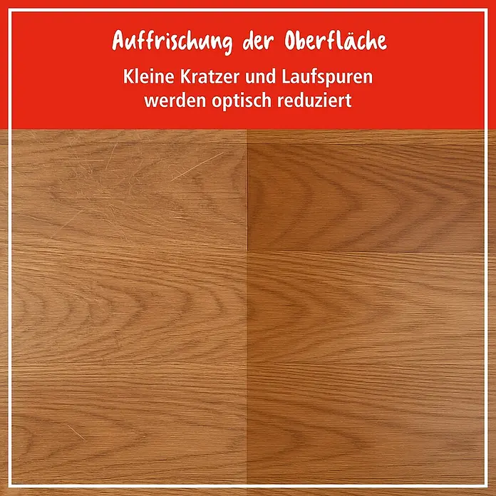Poliboy Politur- & Reinigungswachs Spezial Bohner Wachs - 250 ml - Oberflächenveredelung: Das Bild zeigt einen Vorher-Nachher-Vergleich einer Holzoberfläche, bei dem Kratzer und Abnutzungsspuren reduziert wurden.
