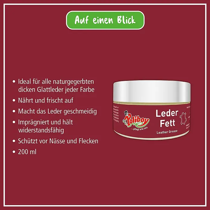 Poliboy Lederpflege Leder Fett - 200 ml - Produktbild von Poliboy Lederfett, ideal zur Pflege und zum Schutz von Glattleder.