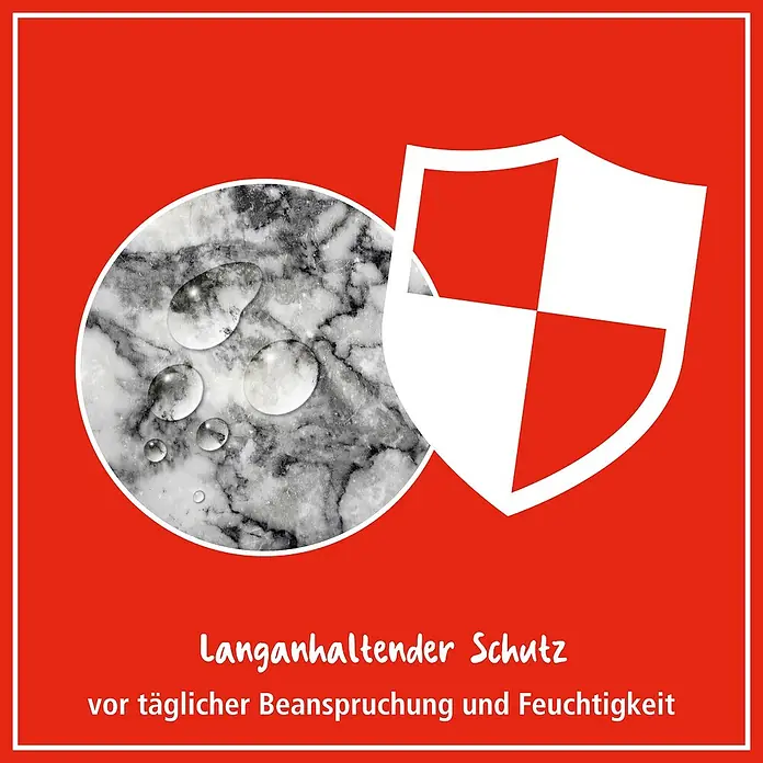 Poliboy Politur- & Reinigungswachs Spezial Bohner Wachs - 250 ml - Bild eines Produkts, das langanhaltenden Schutz vor täglicher Beanspruchung und Feuchtigkeit bietet, dargestellt durch eine Marmoroberfläche mit Wassertropfen und einem Schild.