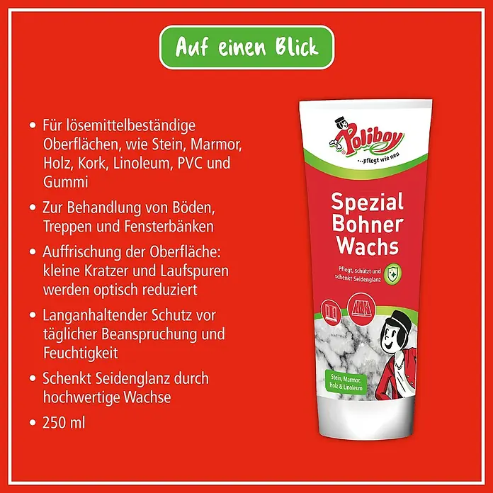 Poliboy Politur- & Reinigungswachs Spezial Bohner Wachs - 250 ml - Das Bild zeigt eine Tube Poliboy Spezial Bohner Wachs für lösemittelbeständige Oberflächen wie Stein, Marmor, Holz, Kork, Linoleum, PVC und Gummi.