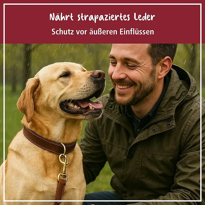 Poliboy Lederpflege Leder Fett - 200 ml - Ein Mann mit seinem gelben Labrador Retriever im Regen, der eine Lederhalsband und Leine trägt.