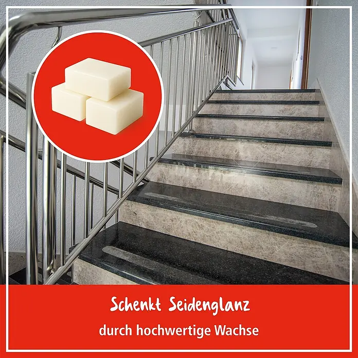 Poliboy Politur- & Reinigungswachs Spezial Bohner Wachs - 250 ml - Das Bild zeigt Treppenstufen aus Marmor, die mit hochwertigem Wachs behandelt wurden, um ihnen einen seidigen Glanz zu verleihen.