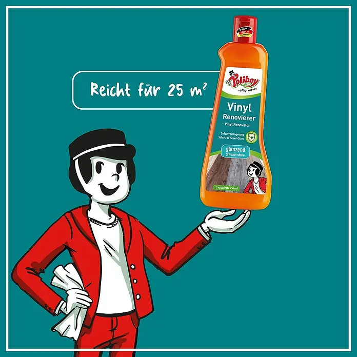 Poliboy Bodenpflege Vinyl Renovierer - 500 ml - Abbildung einer Flasche Poliboy Vinyl Renovierer, die für 25 m² reicht und strahlenden Glanz verleiht, präsentiert von einer Comicfigur.