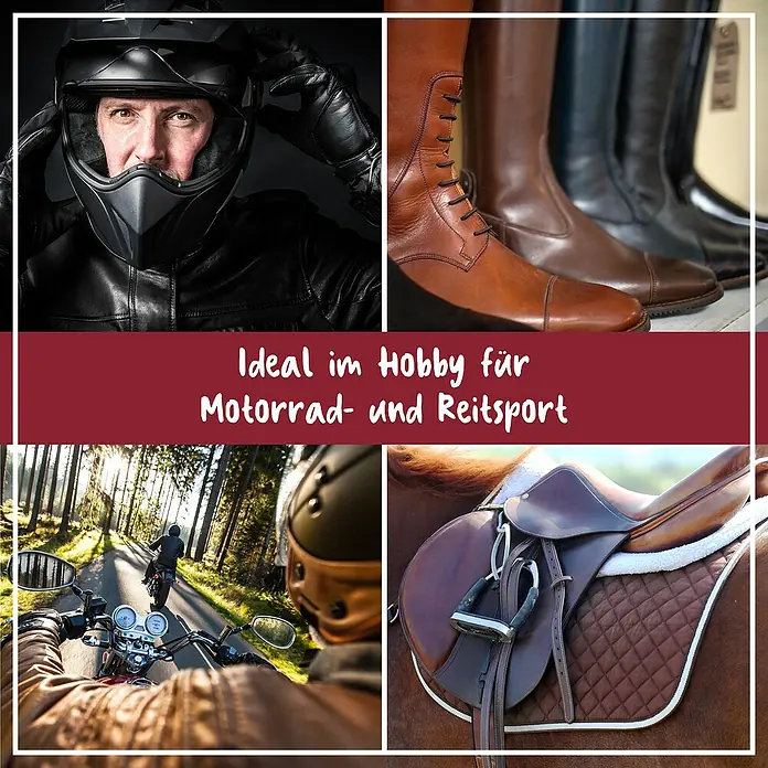 Poliboy Lederpflege Leder Fett - 200 ml - Das Bild zeigt eine Collage von Motorrad- und Reitsportausrüstung. Es eignet sich ideal für Hobbys wie Motorradfahren und Reiten.