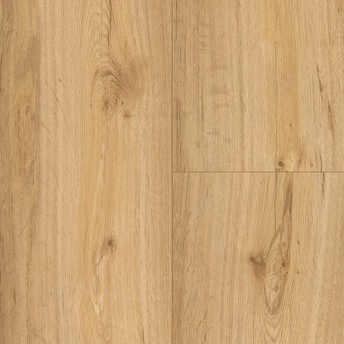 Parador Vinylboden Classic 2030 - Eiche natur Gebürstete Struktur, Landhausdiele, 1.207 x 216 x 9,6 mm - Nahaufnahme von vier Paneelen hellbraunen Laminatbodens mit Maserung und Astlöchern.