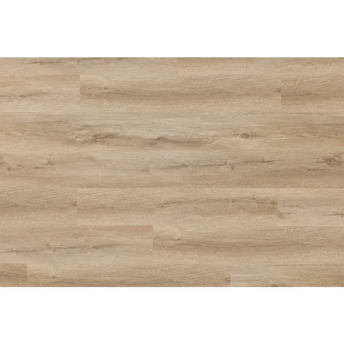 Vinylbodenmuster SPC Silent - Sherman Eiche, 297 x 229 x 5,3 mm, Landhausdiele - Ein Blick auf ein Muster von hellem Laminatboden, der eine natürliche Holzoptik mit sanften Maserungen und Farbvariationen aufweist.