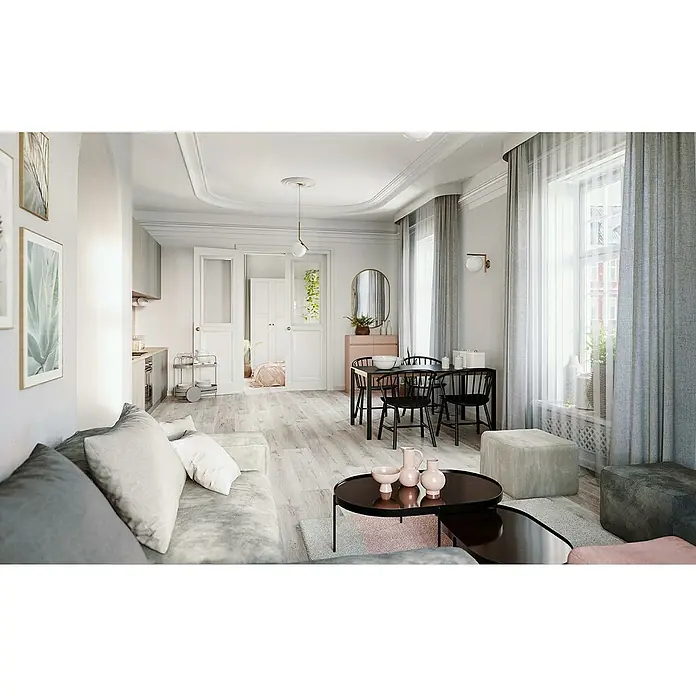 Vinylboden SPC Silent - Scandinavian Eiche, Landhausdiele, 1.220 x 229 x 5,3 mm - Ein helles Wohnzimmer mit einem grauen Sofa, einem schwarzen Esstisch und rosa Akzenten, die eine moderne und gemütliche Atmosphäre schaffen.