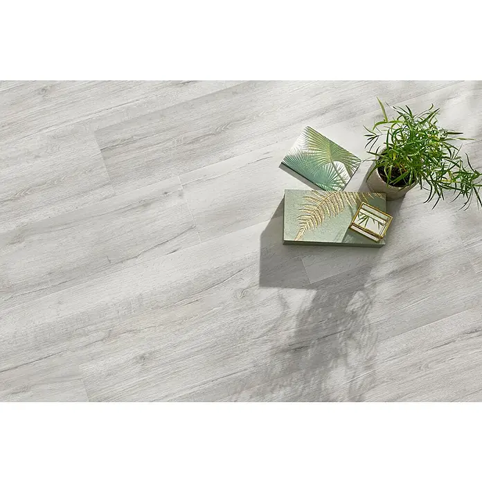 Vinylboden SPC Silent - Scandinavian Eiche, Landhausdiele, 1.220 x 229 x 5,3 mm - Ein hellgrauer Vinylboden mit Holzoptik. Daneben Dekoration wie eine Pflanze und ein Buch. Der Bodenbelag ist modern und pflegeleicht.