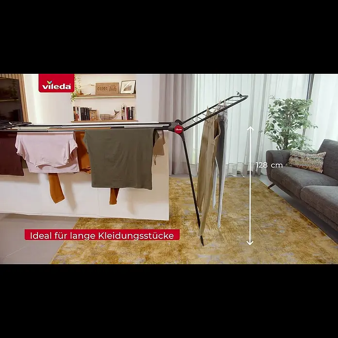 Vileda Flügel-Wäscheständer Infinity Flex Ultimate - Länge Wäscheleine: 30 m, L x B x H: 304 x 56 x 128 cm, Schwarz - Vileda Infinity Flex Ultimate | Anwendung | Vileda Deutschland
