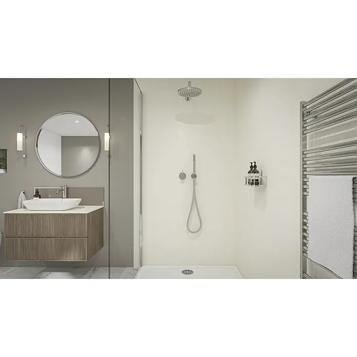 Wetwall Wandpaneel Elite - 16 x 242 cm, Blanco Frost, Abgerundete Kante - Moderne Badezimmerausstattung mit einem runden Spiegel über einem Unterschrank und einer stilvollen Dusche mit Handtuchwärmer.