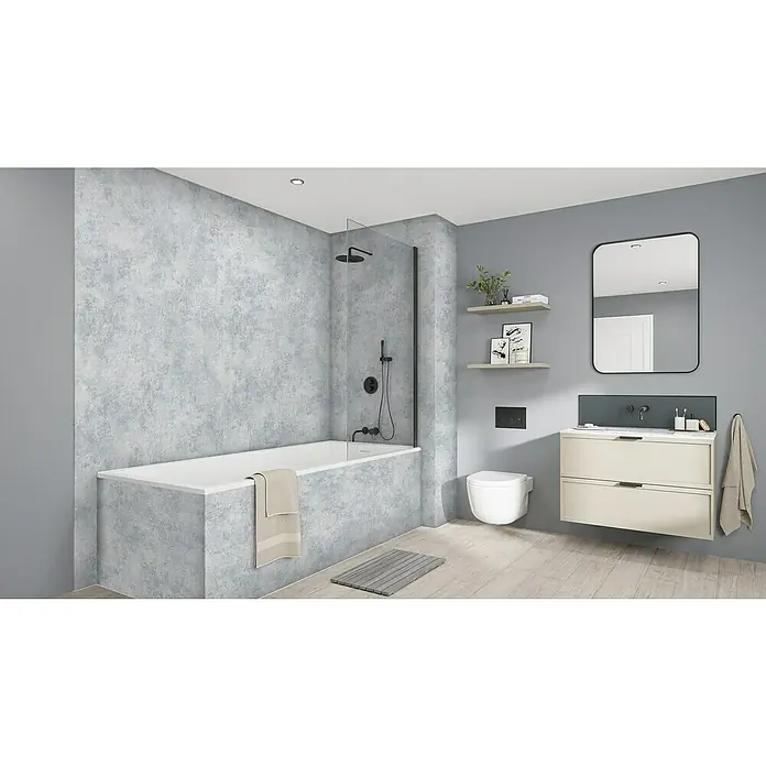 Wetwall Wandpaneel Elite - 16 x 242 cm, Caliza, Abgerundete Kante - Ein stilvolles Badezimmer mit Badewanne, Waschtisch mit Schubladen und einem modernen Spiegel.