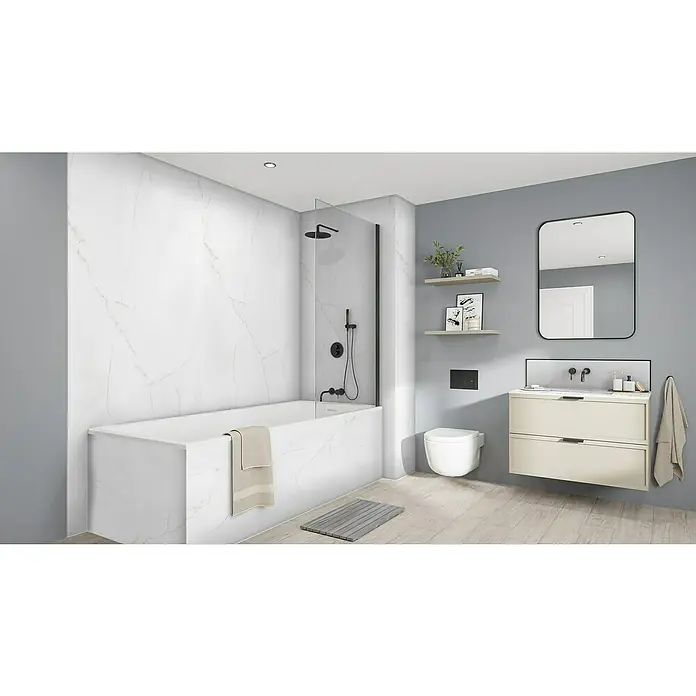 Wetwall Wandpaneel Elite - 16 x 242 cm, Athena Marble, Abgerundete Kante - Modernes Badezimmer mit Marmorbadewanne, Regendusche, Waschtisch und Spiegel. Helle und stilvolle Einrichtung.