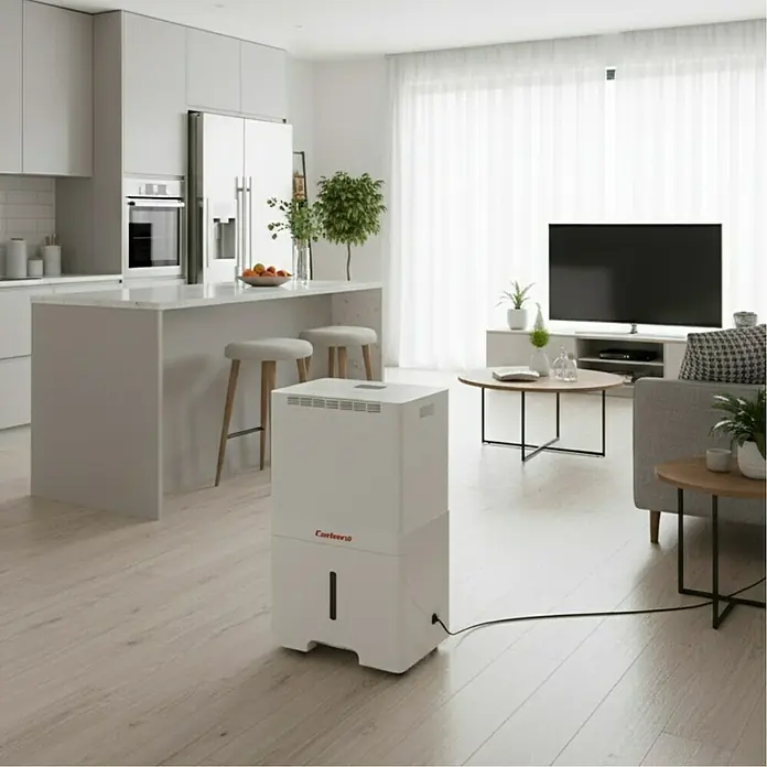 Corberó Deshumidificador eléctrico CDWG55 - 550 W, Potencia de deshumidificación: 55 l/día, L x An x Al: 27,7 x 38 x 65,3 cm, Blanco - Un deshumidificador Castwave blanco está en la sala de estar y asegura un clima interior agradable. Diseño compacto, fácil de usar.