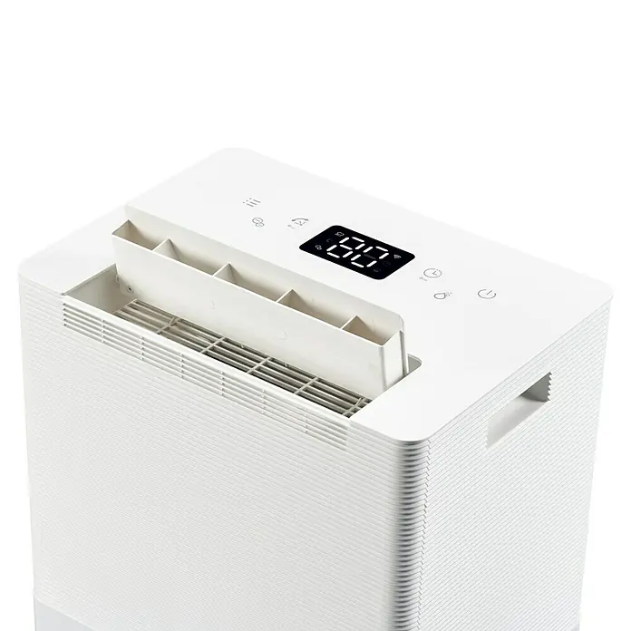 Corberó Deshumidificador eléctrico CDWG55 - 550 W, Potencia de deshumidificación: 55 l/día, L x An x Al: 27,7 x 38 x 65,3 cm, Blanco - Imagen de un deshumidificador con pantalla digital que muestra la humedad actual y botones para un control fácil.