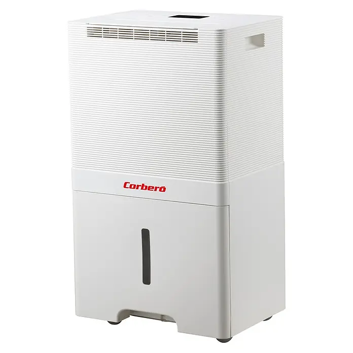 Corberó Deshumidificador eléctrico CDWG55 - 550 W, Potencia de deshumidificación: 55 l/día, L x An x Al: 27,7 x 38 x 65,3 cm, Blanco - Deshumidificador blanco Corberó para un clima ambiental agradable con indicador de nivel de agua para el nivel de llenado.
