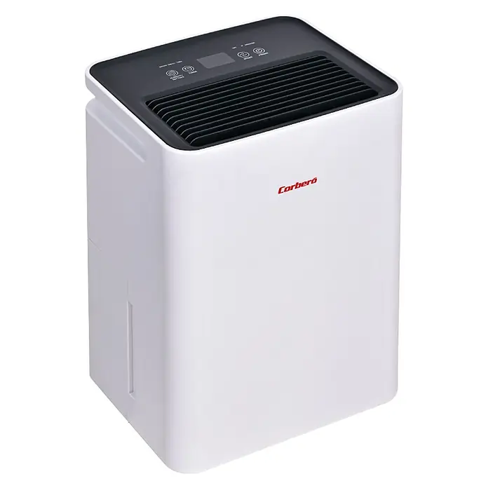Corberó Deshumidificador eléctrico CDG12 - 190 W, Potencia de deshumidificación: 12 l/día, L x An x Al: 23 x 29 x 41,4 cm, Blanco - Deshumidificador blanco Cerberó con parte superior negra y controles. Ideal para un clima interior saludable.