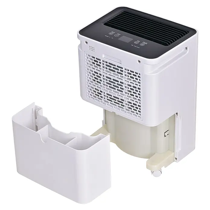 Corberó Deshumidificador eléctrico CDG12 - 190 W, Potencia de deshumidificación: 12 l/día, L x An x Al: 23 x 29 x 41,4 cm, Blanco - Imagen de un deshumidificador portátil en blanco y negro con el depósito de agua extraído.
