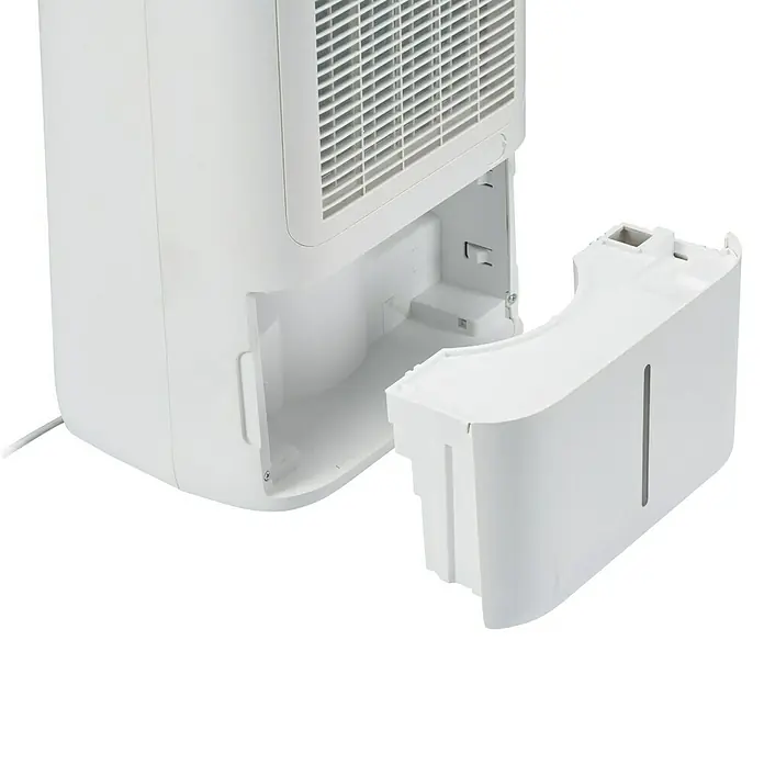Corberó Deshumidificador eléctrico CDWG20 - 245 W, Potencia de deshumidificación: 20 l/día, L x An x Al: 27,3 x 37,8 x 58 cm, Blanco - Primer plano de un deshumidificador blanco con el tanque de agua extraído, destacando la funcionalidad del producto.